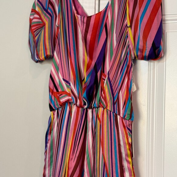 Line & Dot Multicolor Puff Sleeve Silk Mini Dress | Size S - Picture 7 of 11